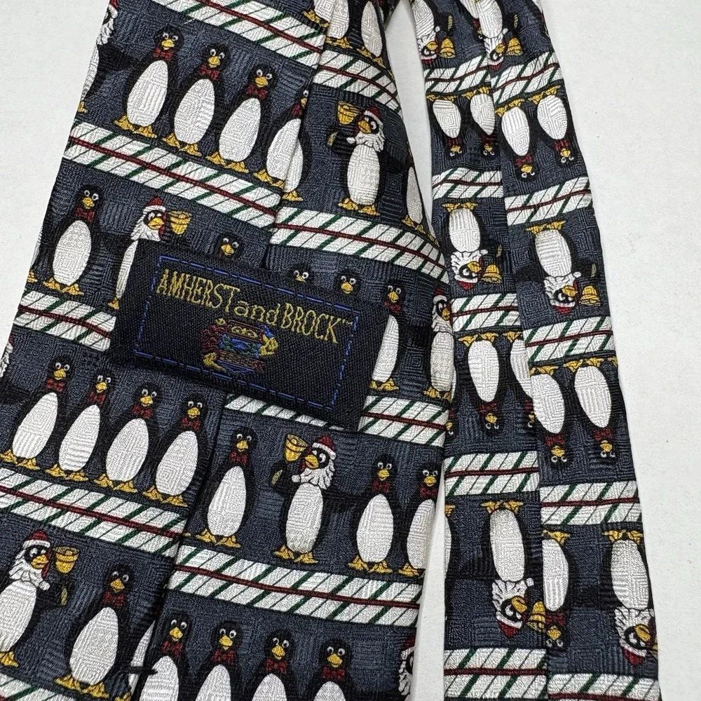 Amherst and Brock 100%‎ Silk Christmas Penguin Santa Neck Tie Vintage Xmas Bell